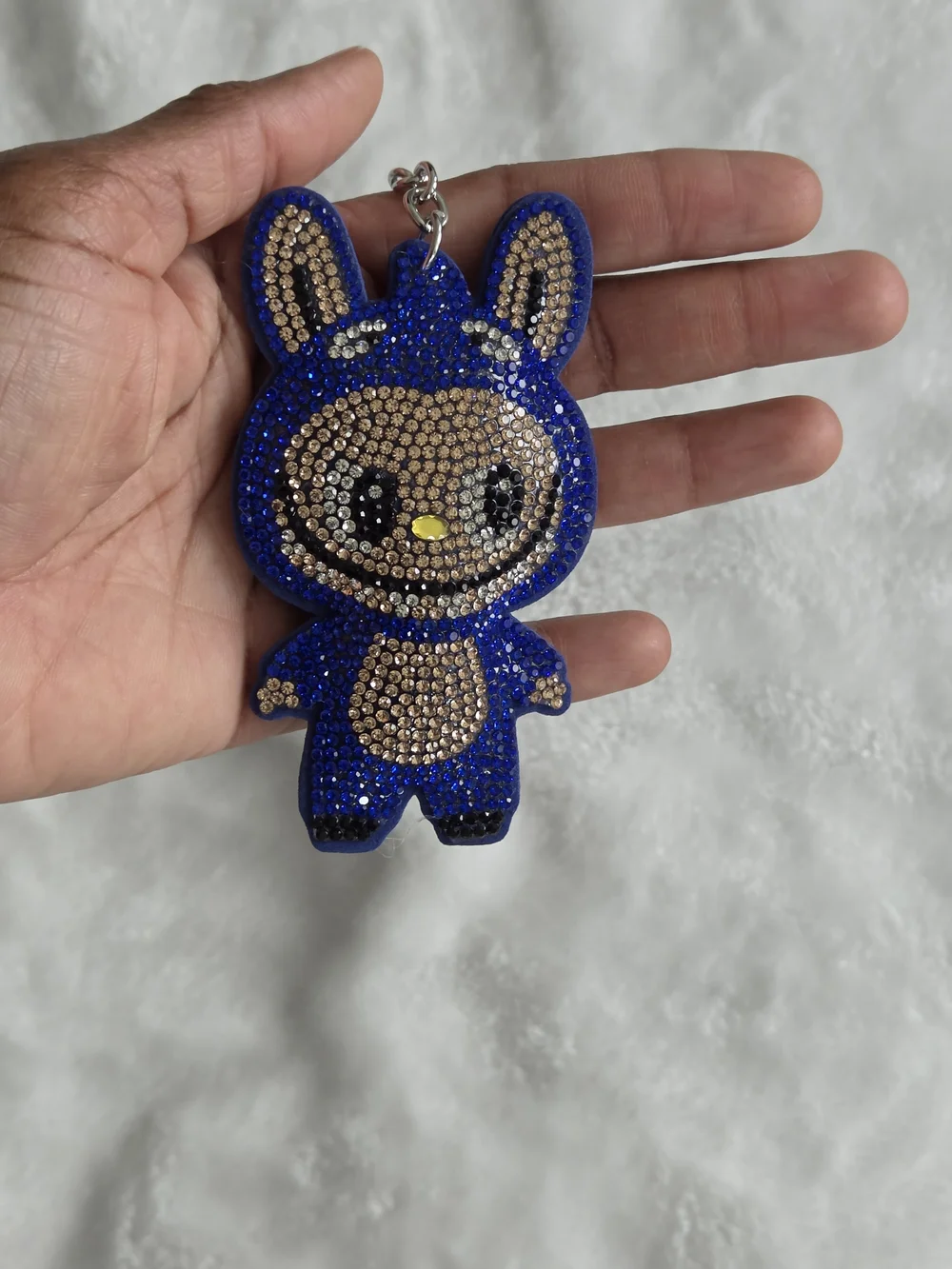 Blue Labubu Rhinestone Bunny Keychain with Gold Accents Bag Charm - Picture 4 of 4